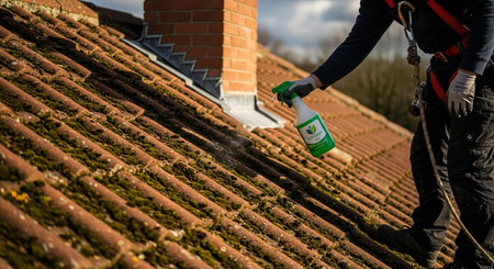 a worker sprays a green bottle on a mossy tile roof near a chimney, cleaning and maintaining the property.の素材