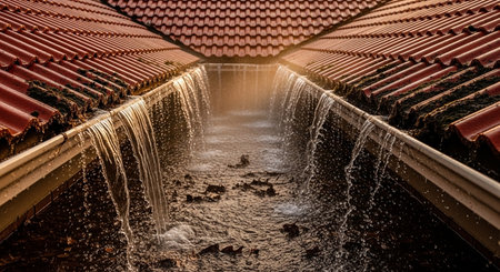water flows from the roof gutters with red tiles, creating a cascade after heavy rainfall on a rainy dayの素材