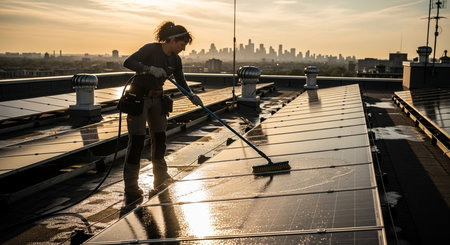 a woman cleans solar panels on a rooftop at sunset, with a city skyline visible in the distance behind herの素材