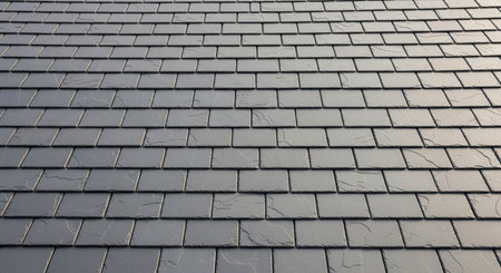 a close up view shows a gray roof covered in rectangular shingles forming a repeating pattern on the surfaceの素材