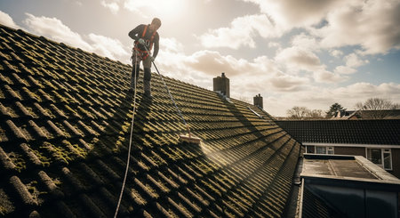 a man cleans a mossy roof wearing a harness under a bright sky, ensuring safety and property maintenance.の素材