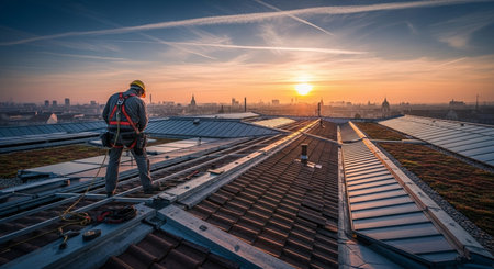 Worker on the roof of a large industrial building with solar panels.の素材
