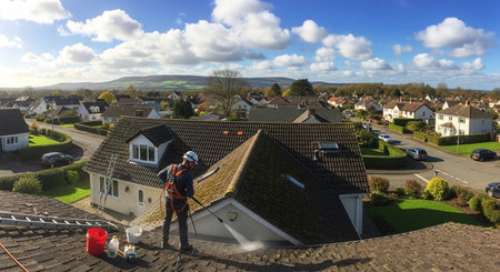 a worker is cleaning a roof with a pressure washer with houses and green landscape in the backgroundの素材