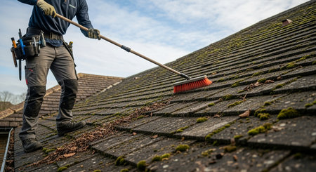 a man is cleaning the roof with a brush, wearing safety gear, on a cloudy day for roof maintenance outdoorsの素材