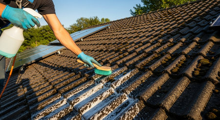 a person is cleaning roof tiles with a brush and spray bottle on a sunny day with solar panels nearbyの素材