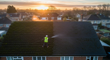 a man power washing a roof on a house in a suburban neighborhood with the sun setting in the backgroundの素材