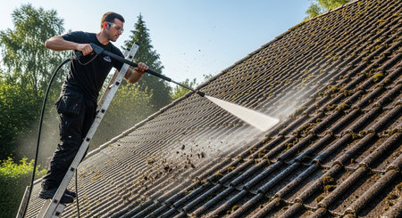a man on a ladder is power washing a roof covered in moss with a water spray on a sunny day outsideの素材