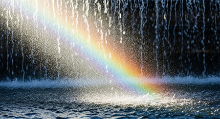 a rainbow shines through falling water creating a beautiful spectacle of light and color in nature's embraceの素材