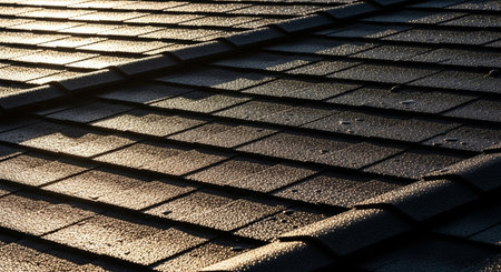 roof tiles of the house in the rays of the setting sunの素材