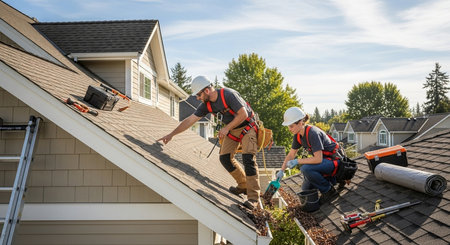 Construction workers installing a roof on a house with a bituminous tileの素材