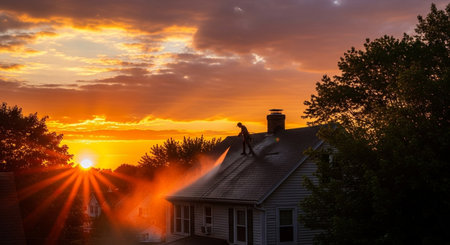 A man stands on the roof of a house in the rays of the setting sun.の素材