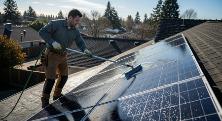 Young man cleaning solar panels on the roof of a house in winterの素材