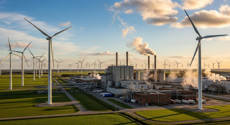 Aerial view of a power station with wind turbines producing alternative energyの素材