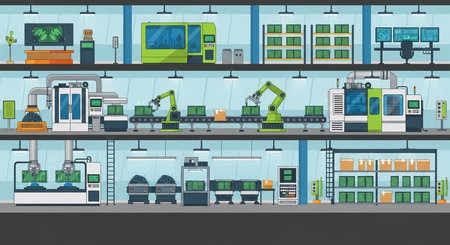 Factory interior with production line and equipment. Vector illustration in flat styleの素材