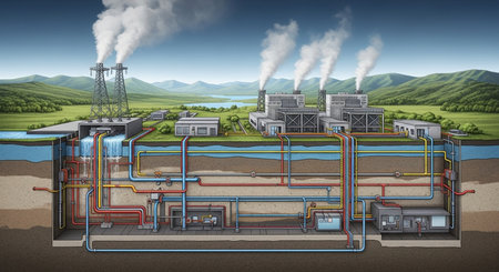 Industrial landscape with factory chimneys. 3d render illustration.の素材