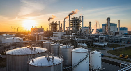 Oil refinery at sunrise, panoramic view of petrochemical plantの素材