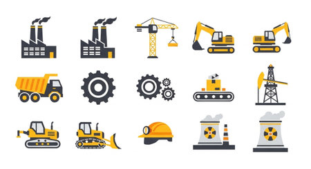Industrial machinery icons set. Flat illustration of 16 industrial machinery icons for webの素材