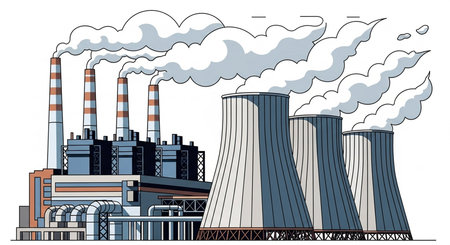 Nuclear power plant with smoking chimneys. Vector illustration on white background.の素材