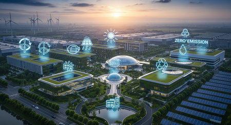 Eco city with solar panels and wind turbines at sunset 3D renderingの素材