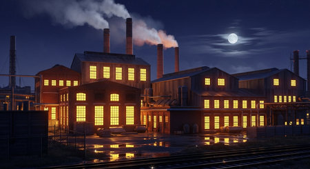 3D render of a factory at night with a full moon in the skyの素材