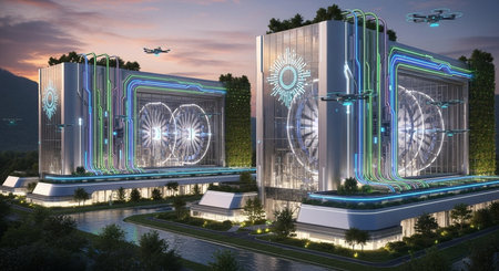 3D rendering of a futuristic city in the evening with neon lightsの素材