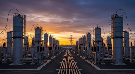 Oil refinery at sunset. Equipment for primary oil refining. Petrochemical industry.の素材