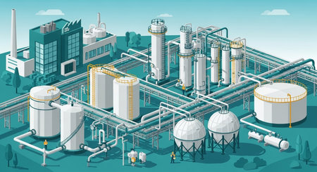 Industrial plant with tanks and pipeline. Isometric vector illustration.の素材