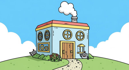 Cartoon house with chimney on the hill. Vector illustration.の素材