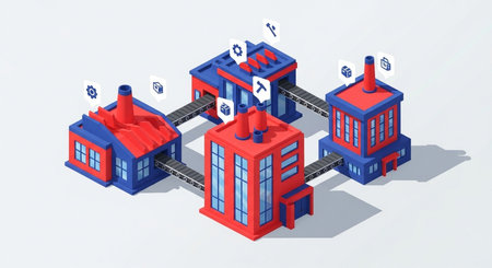 3d isometric illustration of a school building with a blue roofの素材
