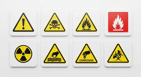 Warning signs on white background. Danger signs. 3D rendering.の素材