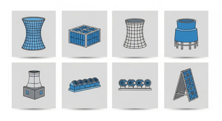 Nuclear power plant icons set. Vector illustration in blue and gray colorsの素材