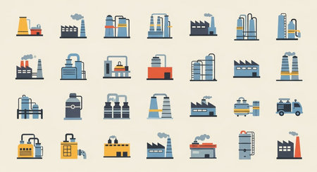 Factory icons set. Flat illustration of factory vector icons for web designの素材