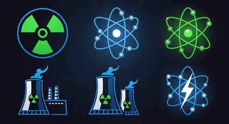 Illustration of a set of nuclear energy icons on a dark backgroundの素材