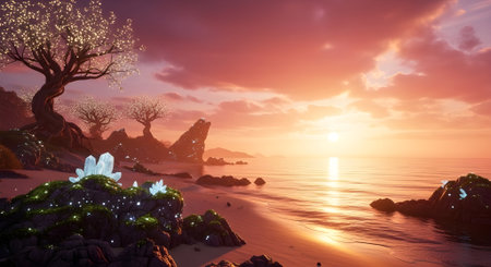 Fantasy landscape with tree on the beach at sunset. 3d renderの素材