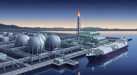 Oil refinery and tanker at night, 3D rendering. Computer digital drawing.の素材
