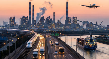 Aerial view of the Rotterdam cityscape at dusk.の素材