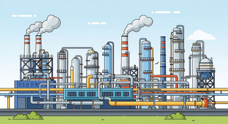 Industrial plant with pipes and steam locomotives. Vector illustration.の素材