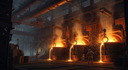 Industrial scene with workers in metallurgical plant. Mixed mediaの素材