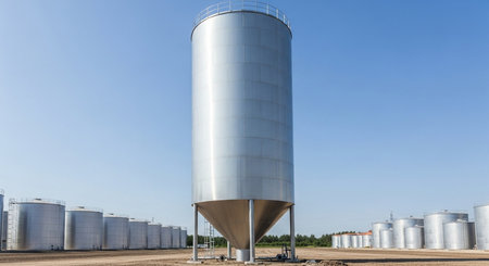 Large silos for storage of petroleum products on a sunny day.の素材