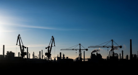 Silhouette of a large industrial port with cranes against the blue skyの素材