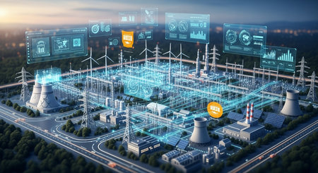 Energy and Power icons hologram on urban city background 3D renderingの素材