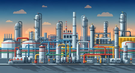 Oil refinery industrial plant with pipes and tanks, vector industrial illustration.の素材