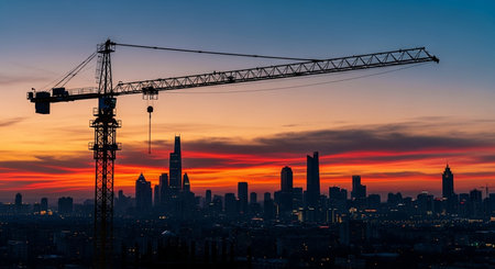 Silhouette of construction cranes and skyscrapers at sunsetの素材