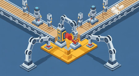 Isometric robot assembly line with conveyor and factory workers vector illustrationの素材