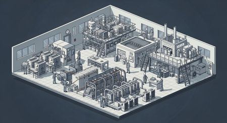 3d isometric illustration of a factory with equipment and machinery.の素材
