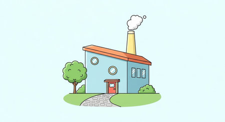 Industrial building with chimney and smoking chimney. Vector illustration.の素材