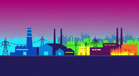 Industrial landscape with factory and high voltage towers. Vector illustration.の素材