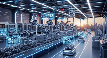 3D rendering of a robot assembly line in a factory or officeの素材