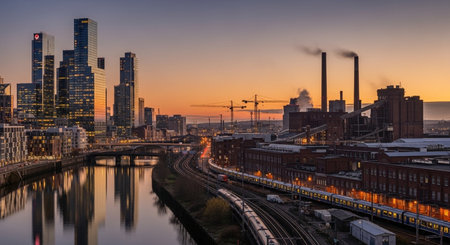 City of Frankfurt am Main with Hauptbahnhof at sunrise, Germanyの素材