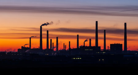 Power plant with chimneys at sunset in the Netherlands, Europe.の素材